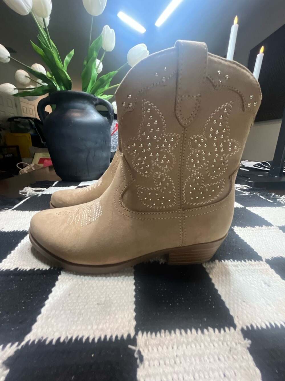 Art Class Kids' Western Faux Suede Studded Ankle Boots 3 youth